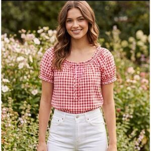 Belle Pogue size L seersucker checked puff sleeve top. Country farm life.
